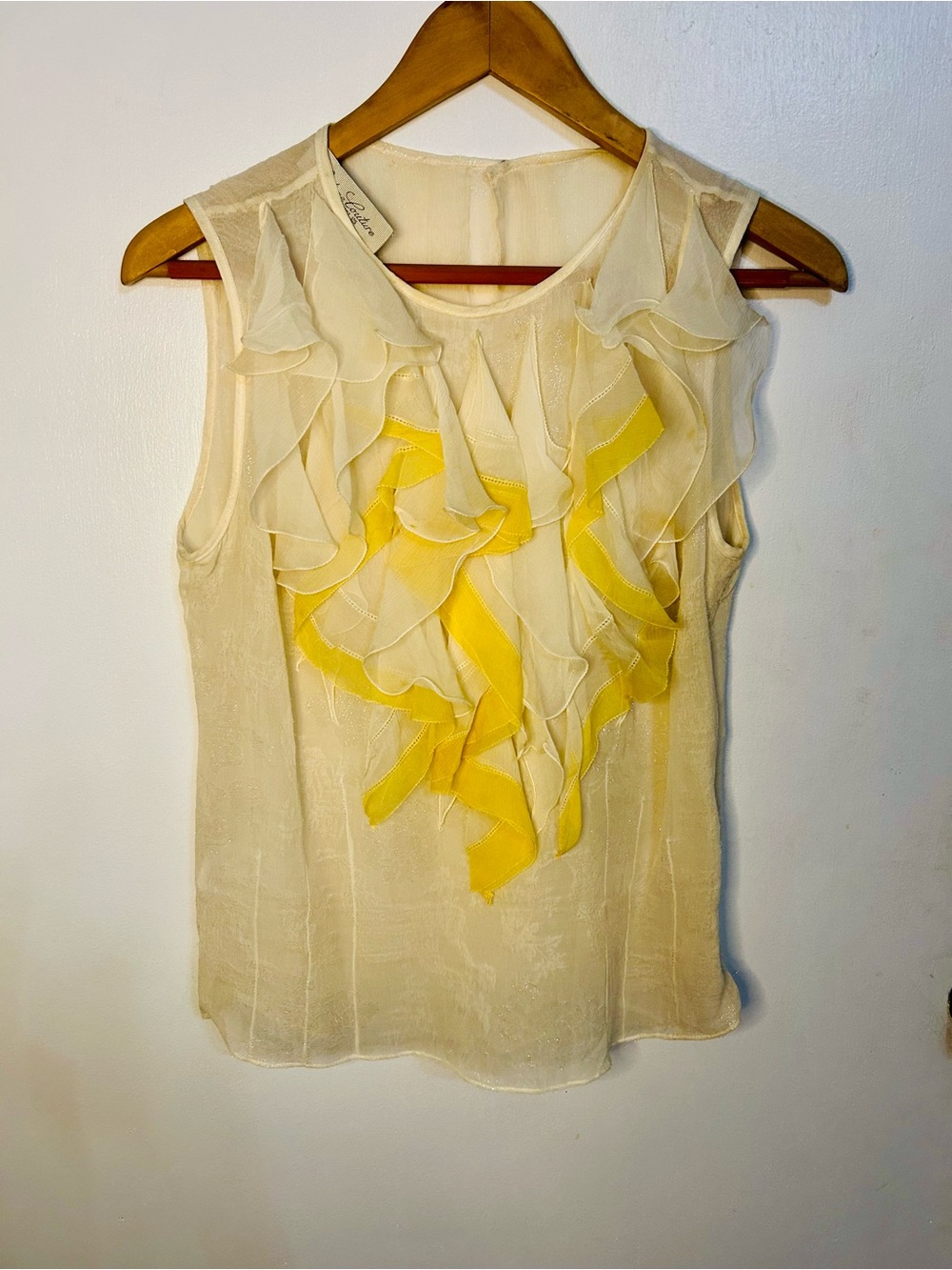 Sleeveless Sheer Ruffle Blouse - Cream with Yellow Accents